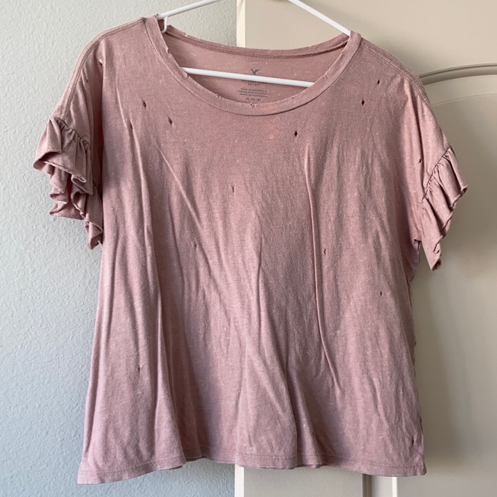 American Eagle Distressed Ruffle Top